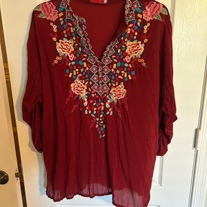 Johnny Was Burgundy Floral Embroidered Blouse